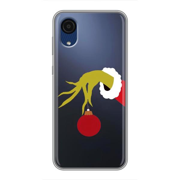 Зимні Чохли для Samsung Galaxy A03 Core - прозорий фон – Грінч з іграшкою