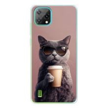 Чохол з принтом стильні тварини для 
Блeків'ю Осeкл С60 
 – Кіт з кавою