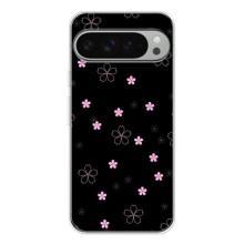 Чехол с розовым рисунком для Google Pixel 9 Pro XL (Розовые цветы на черном)