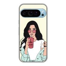 Силиконовый Чехол на Google Pixel 9 Pro с картинкой Стильных Девушек – С напитком
