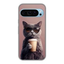Чехол с принтом стильные животные для Гугл Пиксель 9 (Кот с кофе)