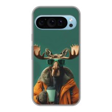 Чехол с принтом стильные животные для Гугл Пиксель 9 (Лось с кофе)