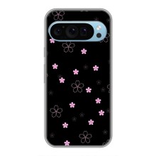 Чехол с розовым рисунком для Google Pixel 9 (Розовые цветы на черном)