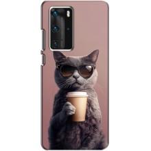 Чехол с принтом стильные животные для Хуавей П40 Про (Кот с кофе)