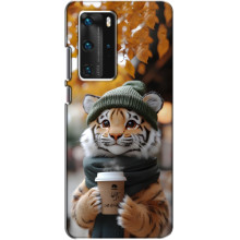 Печатный чехол «Зверята с кофе» для Huawei P40 Pro – Тигр с кофе