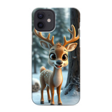 Яркий чехол для iPhone 12 mini с Зимними Оленятами (Оленёнок в лесу)