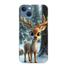 Яркий чехол для iPhone 13 Mini с Зимними Оленятами (Оленёнок в лесу)