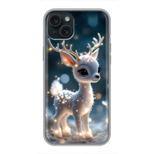Яркий чехол для iPhone 15 Plus с Зимними Оленятами (Блистающий оленёнок)