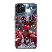 Яркий чехол для iPhone 15 Plus с Зимними Оленятами (Олень среди подарков)