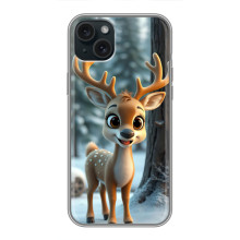 Яркий чехол для iPhone 15 Plus с Зимними Оленятами (Оленёнок в лесу)