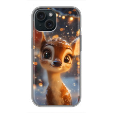 Яркий чехол для iPhone 15 с Зимними Оленятами – Оленёнок среди гирлянд