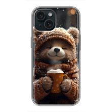 Печатный чехол «Зверята с кофе» для iPhone 15 – Мишка с кофе