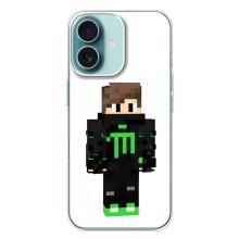 Чехлы для iPhone 16 Plus (Персонажи Майн Крафт) – Зеленый мальчик