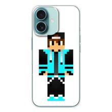 Чехлы для iPhone 16 (Персонажи Майн Крафт) – Мальчик в голубом