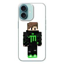 Чехлы для iPhone 16 (Персонажи Майн Крафт) – Зеленый мальчик