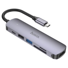 Перехідник Hoco HB28 Multi-function 6in1 (Type-C to HDTV+USB3.0+USB2.0+SD+TF+PD) – Metal gray