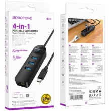 Переходник Borofone DH6 Erudite 4in1 Gigabit Ethernet (Type-C to USB3.0*3+RJ45) (0.2m) – Black