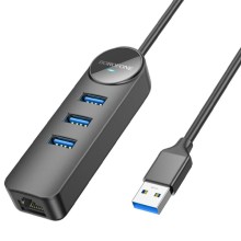 Переходник Borofone DH6 Erudite 4in1 Gigabit Ethernet (USB to USB3.0*3+RJ45) (0.2m) – Black