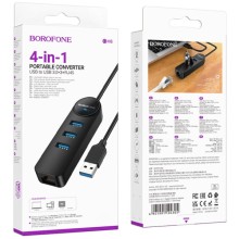 Переходник Borofone DH6 Erudite 4in1 Gigabit Ethernet (USB to USB3.0*3+RJ45) (0.2m) – Black