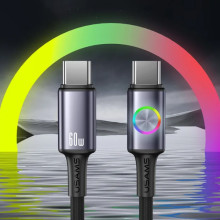 Дата кабель Usams US-SJ752 With Colorful Light Huan Ser. Type-C to Type-C 60W (1.2m) – Чорний