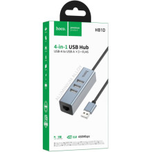 Перехідник HUB Hoco HB1D USB to USB2.0*3+RJ45 – Сірий