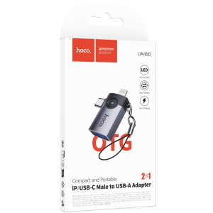 Переходник Hoco UA46D OTG 2in1 Lightning male/Type-C male to USB female – Серый
