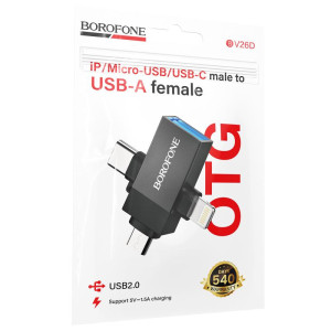 Переходник Borofone BV26D 3in1 Lightning male/Type-C male/Micro male to USB2.0 female – Черный