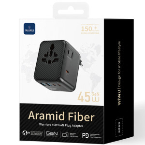Мережевий універсальний перехідник WIWU UA010 Warrior GaN 45W + 2USB-A/3C – Чорний