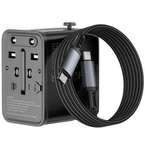 Мережевий універсальний перехідник WIWU UA013 20W GaN + 1USB-A/2C with retractable cable Type-C – Чорний