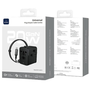Мережевий універсальний перехідник WIWU UA013 20W GaN + 1USB-A/2C with retractable cable Type-C – Чорний