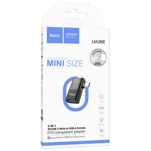 Перехідник Hoco UA36E Combo 2-in-1 (Type-C/Lightning to USB2.0) – Чорний