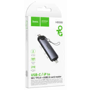 Картридер Hoco HB56B Victory 5in1 Type-C/Lightning to SD/TF3.0 + USB 2.0 – Сірий