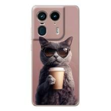 Чохол з принтом стильні тварини для Мото Ейдж 50 Ультра – Кіт з кавою