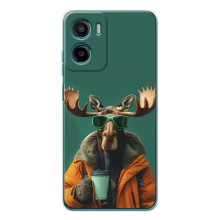 Чехол с принтом стильные животные для Мото Е15 (Лось с кофе)