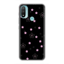 Чехол с розовым рисунком для Motorola MOTO E40 (Розовые цветы на черном)