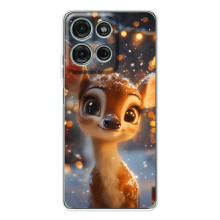 Яркий чехол для Motorola Moto G15 с Зимними Оленятами – Оленёнок среди гирлянд