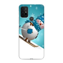 Новогодние Чехлы для Мото G30 (VPrint) (Снеговик на лыжах)
