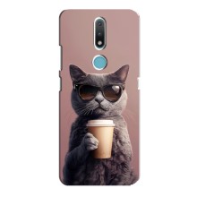 Чехол с принтом стильные животные для Нокиа 2.4 (Кот с кофе)