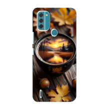 Чехол с уникальным дизайном «Осень с кофе» для Nokia C31 – Тёмный кофе
