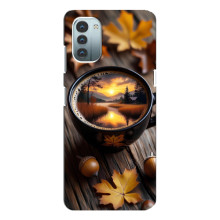 Чехол с уникальным дизайном «Осень с кофе» для Nokia G11 – Тёмный кофе