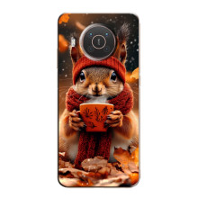 Печатный чехол «Зверята с кофе» для Nokia X10 – Белка с кофе