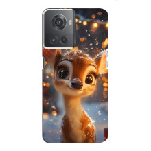 Яркий чехол для OnePlus ACE (10R) с Зимними Оленятами (Оленёнок среди гирлянд)