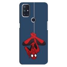 Чехол Супергерой Человека Паука на OnePlus Nord 10 5G (На паутине)