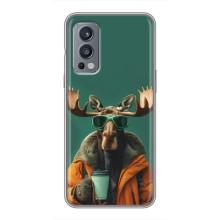 Чехол с принтом стильные животные для ВанПлас Норд 2 – Лось с кофе