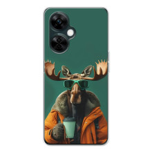 Чохол з принтом стильні тварини для Норд СЕ 5 (Лось з кавою)