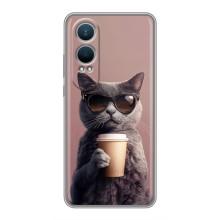 Чохол з принтом стильні тварини для ВанПлас Норд СЕ4 Лайт (Кіт з кавою)