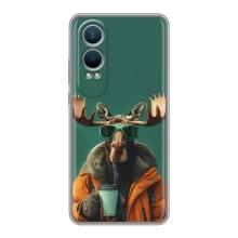 Чохол з принтом стильні тварини для ВанПлас Норд СЕ4 Лайт (Лось з кавою)