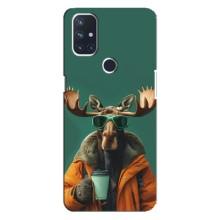 Чохол з принтом стильні тварини для ВанПлюс Норд Н100 – Лось з кавою