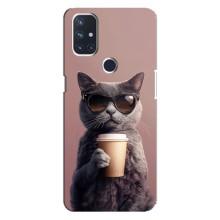 Чохол з принтом стильні тварини для ВанПлюс Норд 10 5Дж – Кіт з кавою