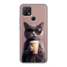 Чехол с принтом стильные животные для Оппо А15 (Кот с кофе)